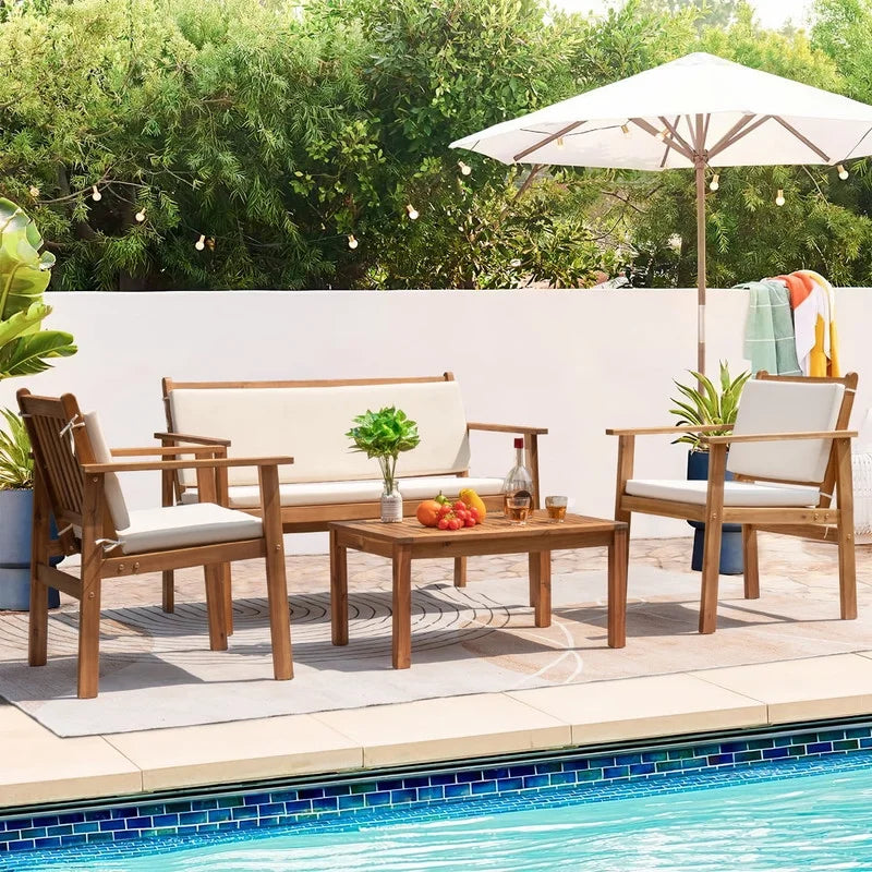 4 Pc Acacia Patio Furniture Set with Cushion and Table L343