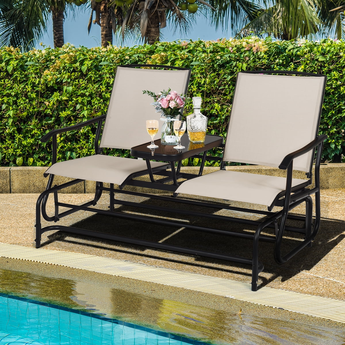 2 Person Steel Frame Patio Glider Loveseat with Center Table Q1656