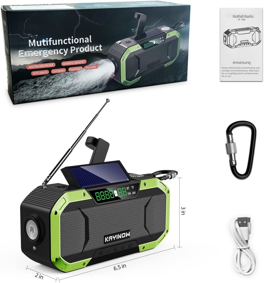 Emergency NOAA Weather Alert Radio with Bluetooth Speaker, IPX5 Waterproof Hand Crank Solar, 5000mAh Battery Backup AM FM, Flashlight, SOS, USB Phone Charger S95947