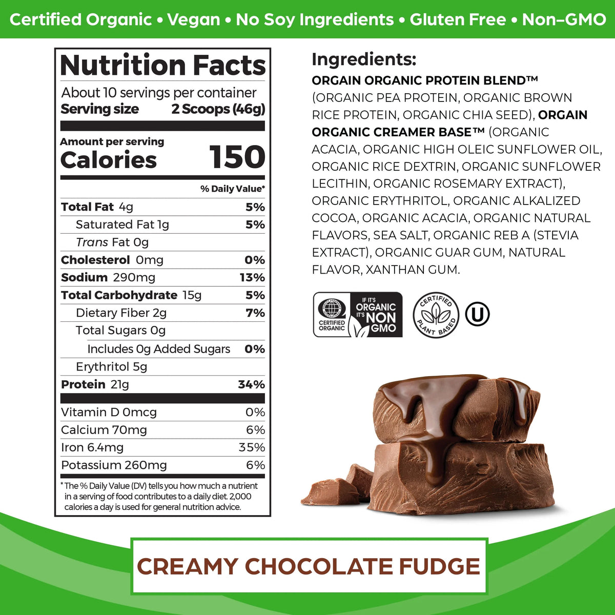 Organic Vegan 21g Protein Powder Creamy Chocolate Fudge 1.02lb N727
