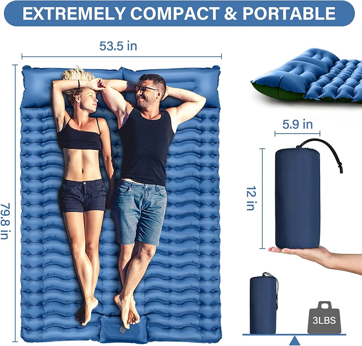 Double Camping Sleeping Pad 4 Extra-Thick 2 Person with Pillow Inflatable Mat A576
