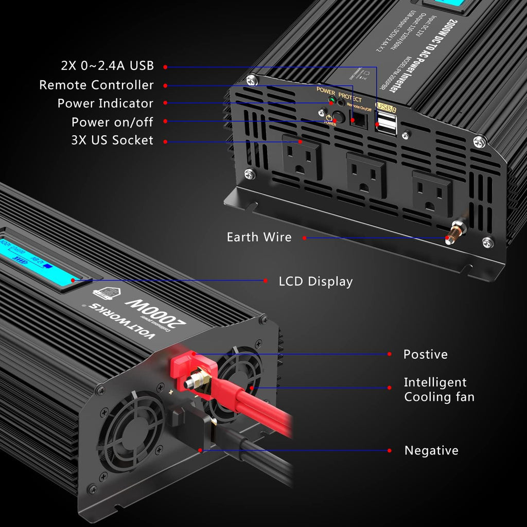 1100 watt Modified Sine Wave Power Inverter with LCD Display Remote Control 2AC Outlets Dual USB Ports R678