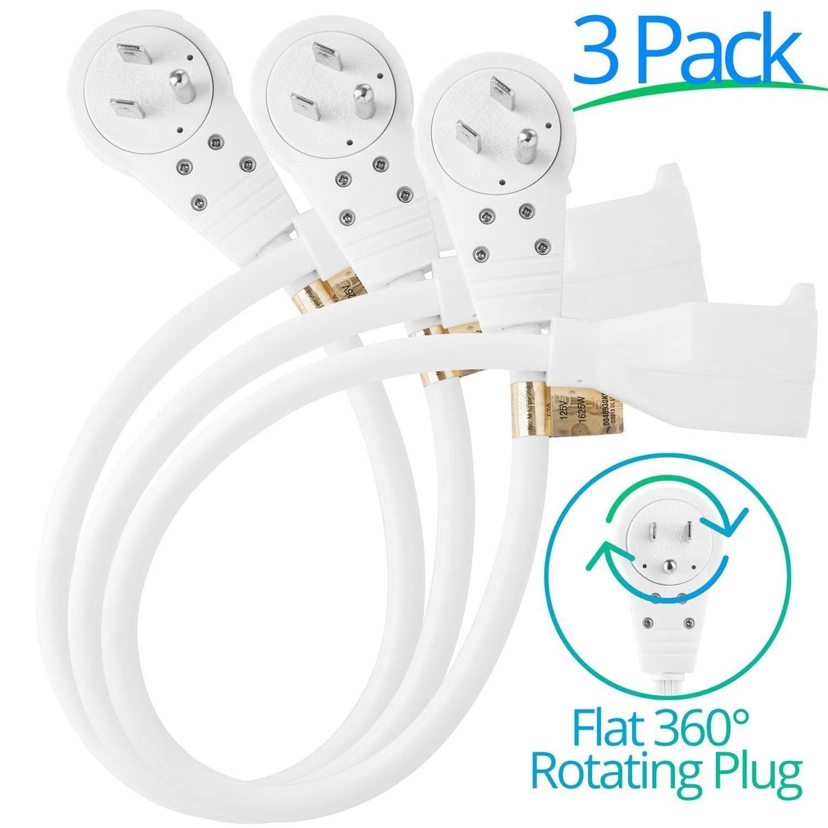 6-Inch 360° Rotating Flat Plug Extension Cord, 3 Prong, 3 Pack, White I158