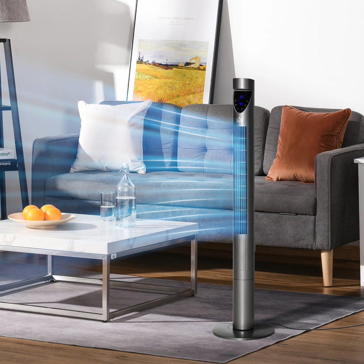 46 Tower Fan with Air Filter, Oscillating, 3 Speeds, 12H Timer, Remote Control, Grey W569
