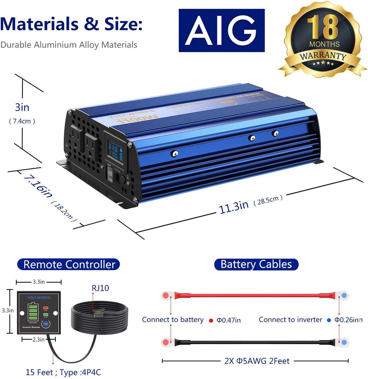 1100 watt Modified Sine Wave Power Inverter with LCD Display Remote Control 2AC Outlets Dual USB Ports R678