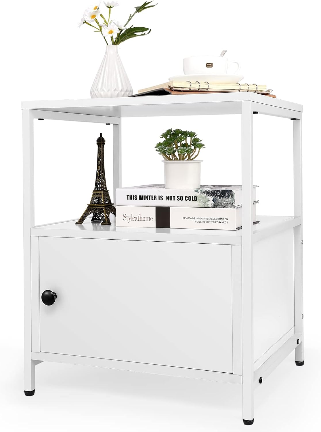 White Wooden Nightstand with Storage Cabinet and Open Shelf V6197