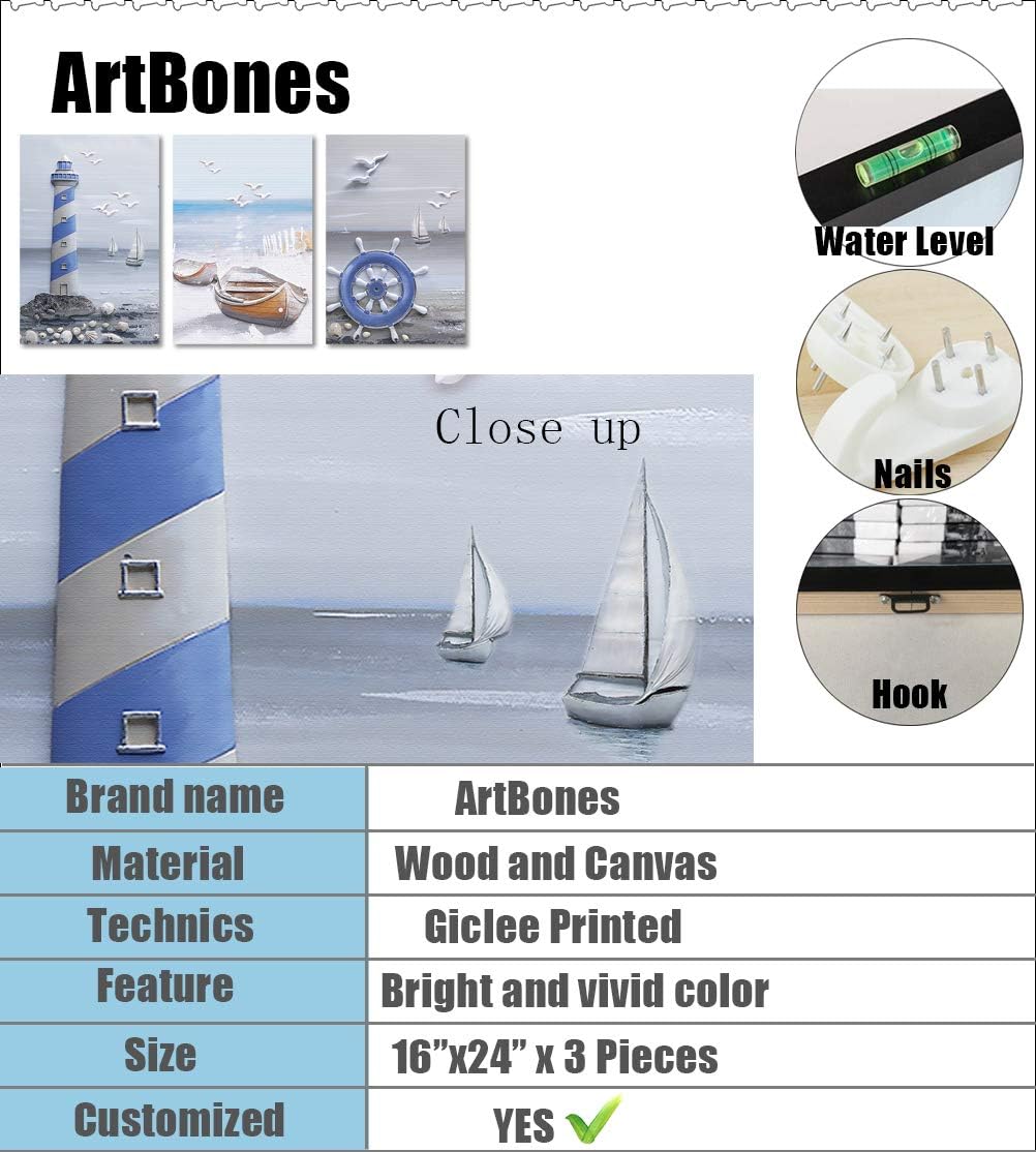 Coastal Beach Lighthouse Sailboat Painting 16x24x3 Panels E9560