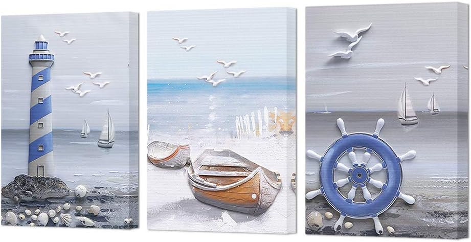 Coastal Beach Lighthouse Sailboat Painting 16x24x3 Panels E9560