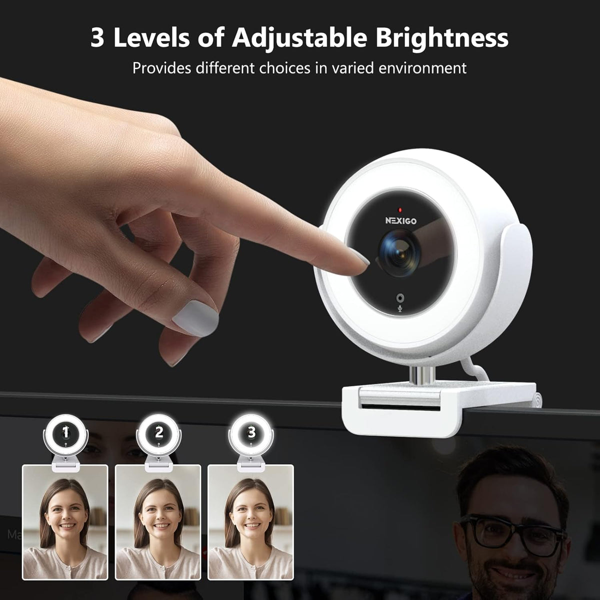 1080P Zoomable Webcam with Remote Control, Privacy Cover, White I184
