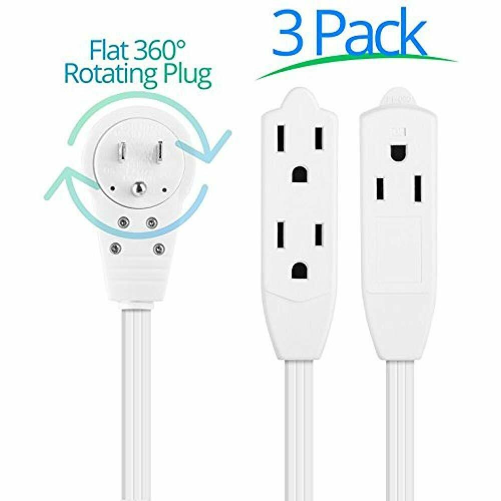 6-Inch 360° Rotating Flat Plug Extension Cord, 3 Prong, 3 Pack, White I158