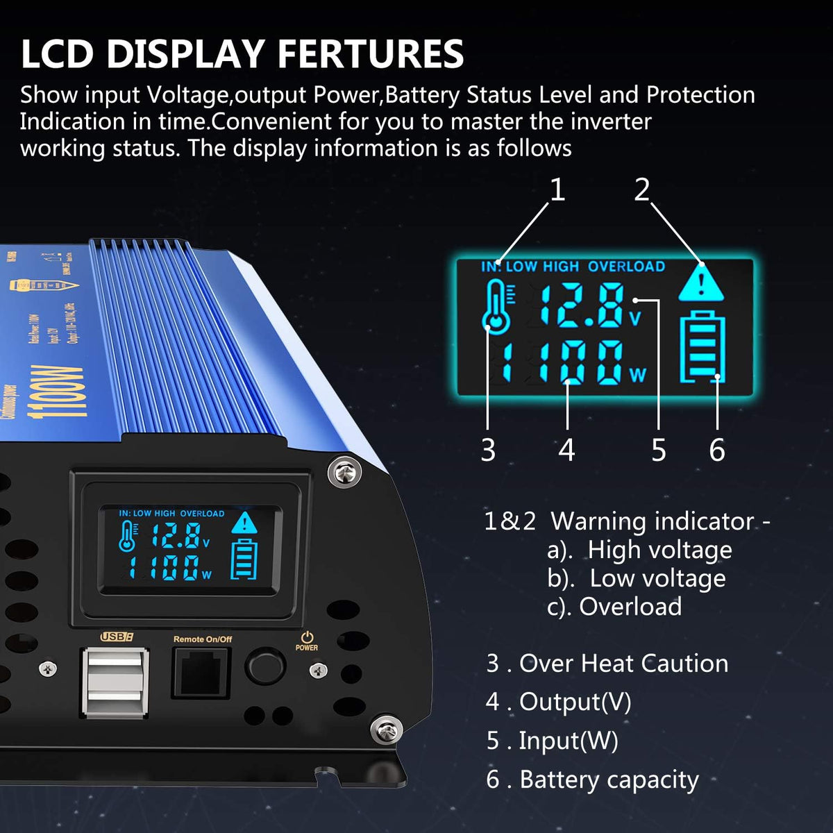 1100 watt Modified Sine Wave Power Inverter with LCD Display Remote Control 2AC Outlets Dual USB Ports R678