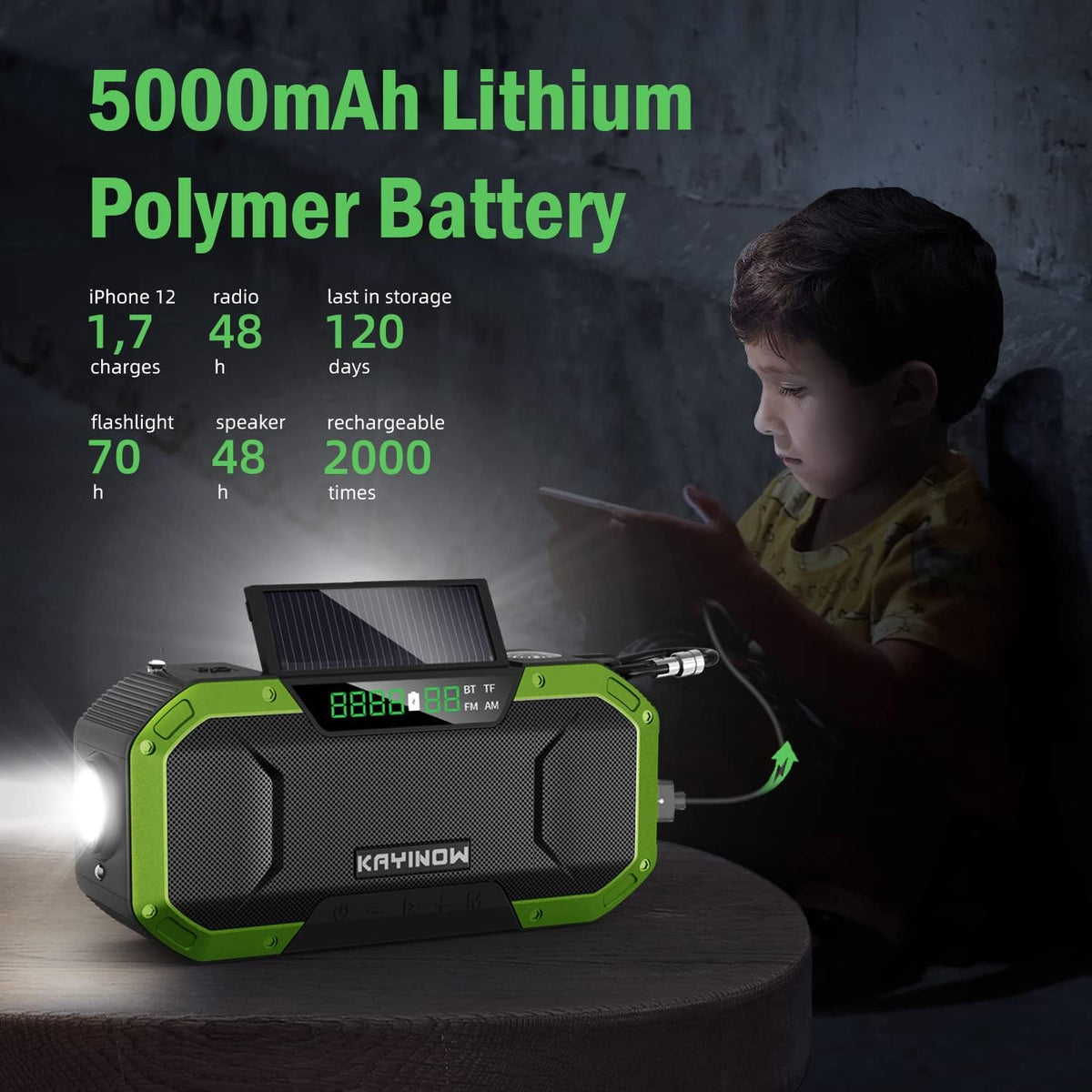 Emergency NOAA Weather Alert Radio with Bluetooth Speaker, IPX5 Waterproof Hand Crank Solar, 5000mAh Battery Backup AM FM, Flashlight, SOS, USB Phone Charger S95947