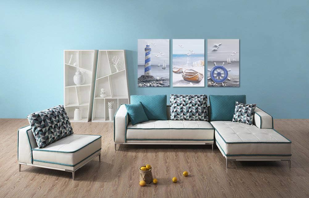 Coastal Beach Lighthouse Sailboat Painting 16x24x3 Panels E9560