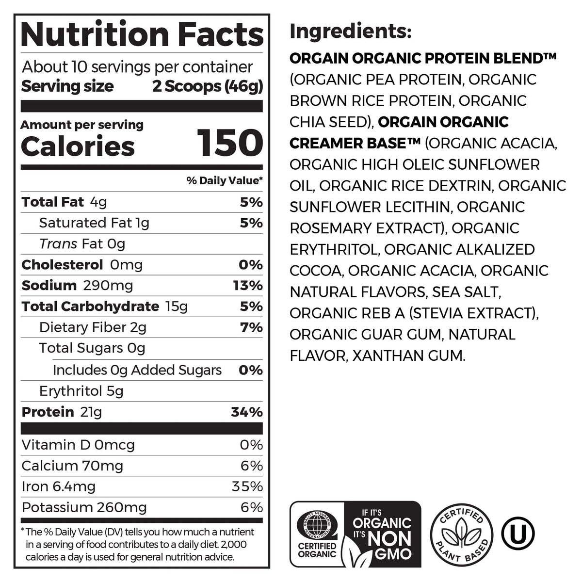 Organic Vegan 21g Protein Powder Creamy Chocolate Fudge 1.02lb N727
