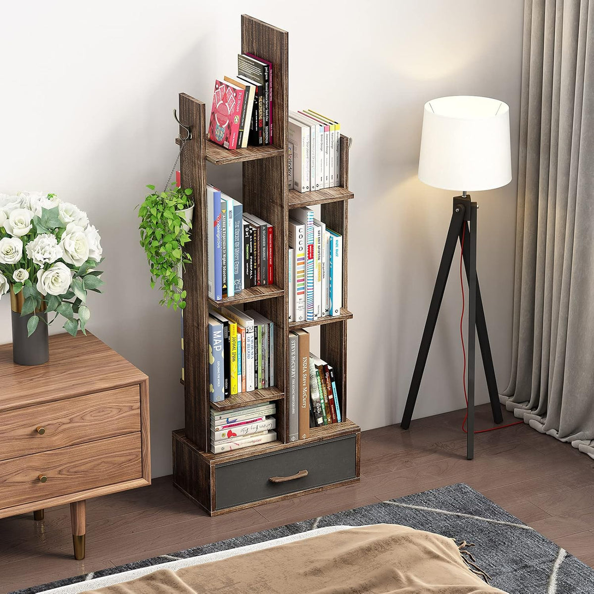 Rustic Brown Wood Bookshelf with Drawer L425849