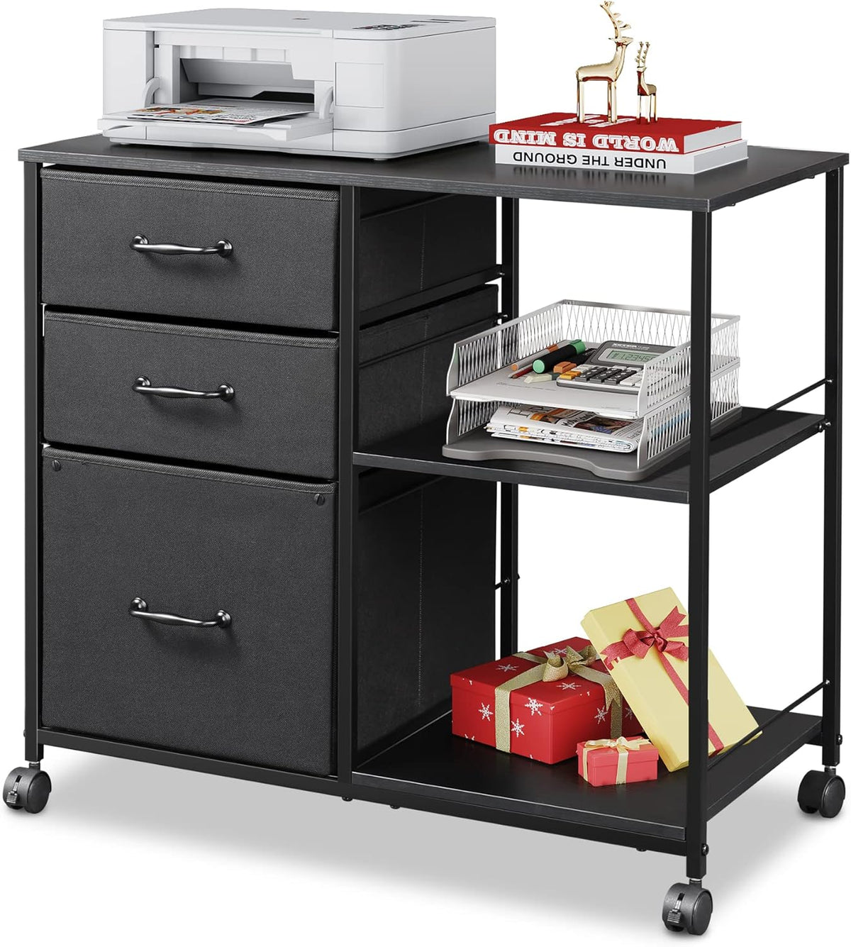 3 Drawer Mobile File Cabinet with Storage Shelf, Black A756