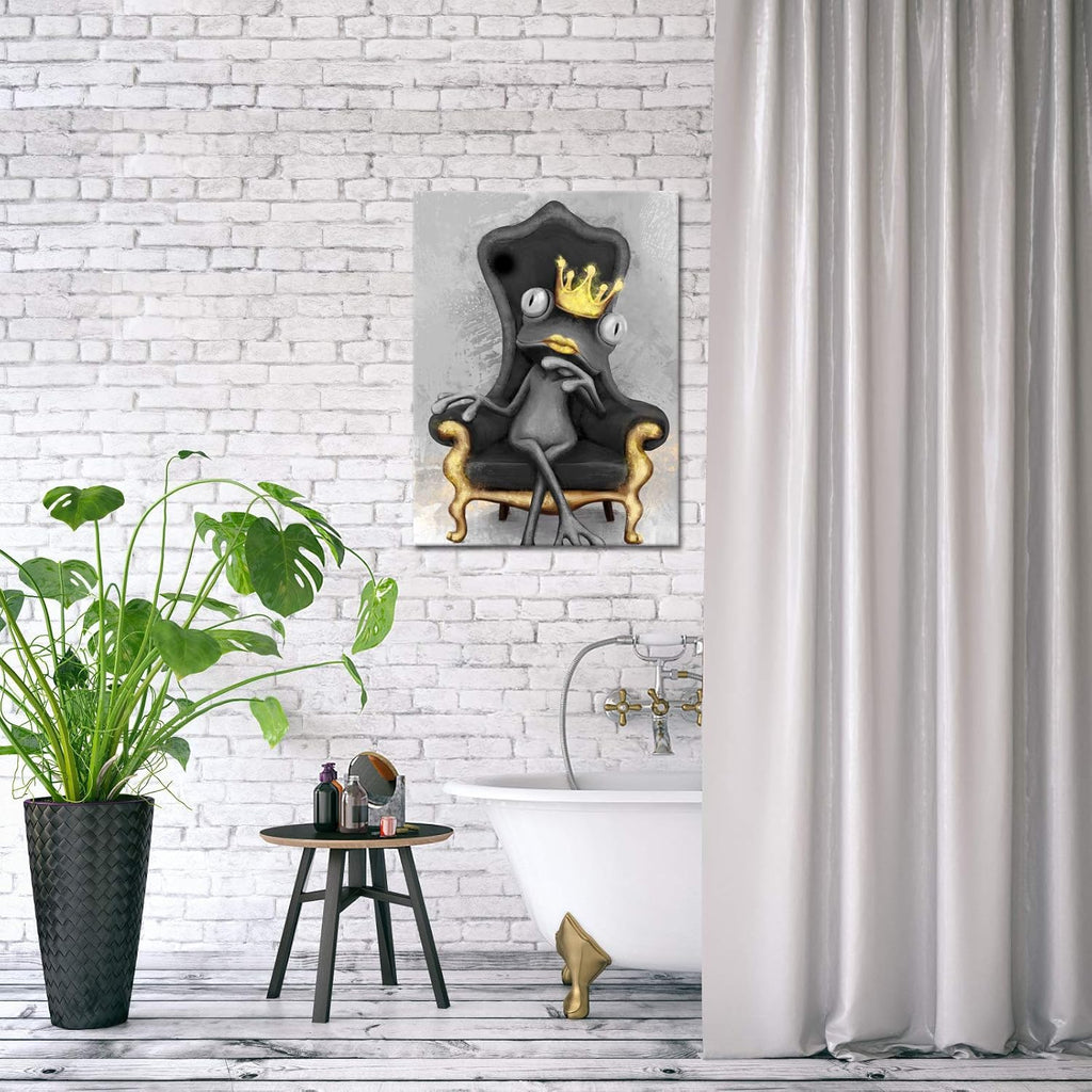 Funny Frog Canvas Wall Art with Crown Gold and Black D710013