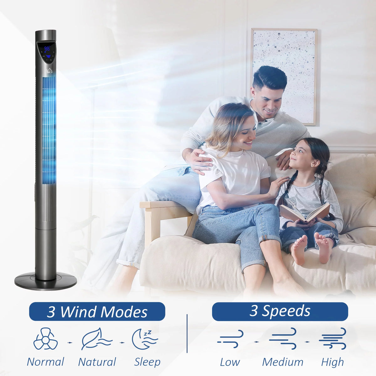 46 Tower Fan with Air Filter, Oscillating, 3 Speeds, 12H Timer, Remote Control, Grey W569