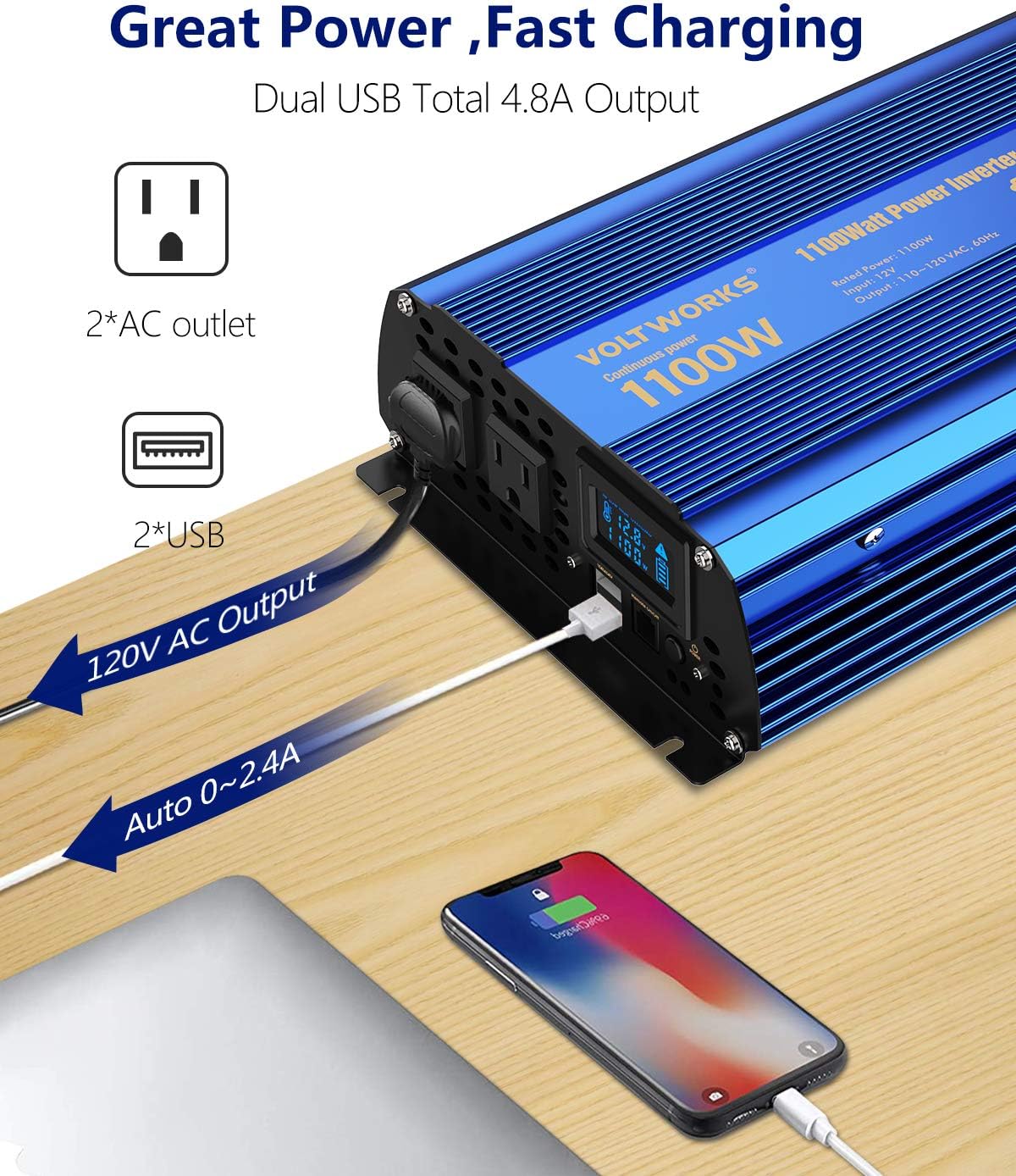 1100 watt Modified Sine Wave Power Inverter with LCD Display Remote Control 2AC Outlets Dual USB Ports R678