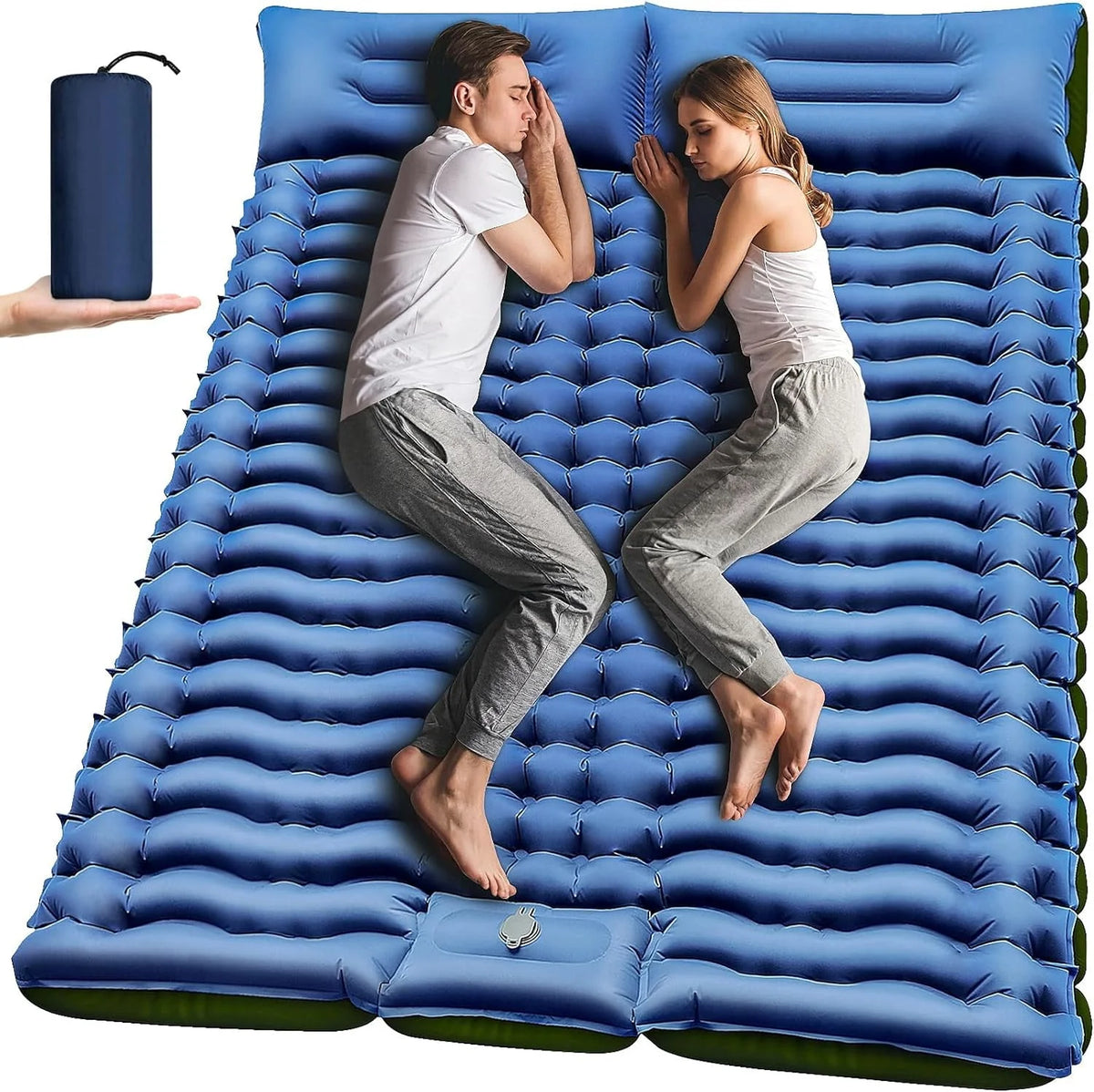 Double Camping Sleeping Pad 4 Extra-Thick 2 Person with Pillow Inflatable Mat A576
