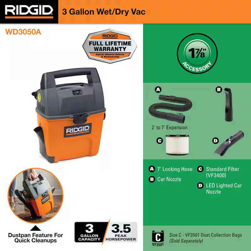 3 Gallon 3.5 Peak HP Portable Wet/Dry Shop Vacuum D502425