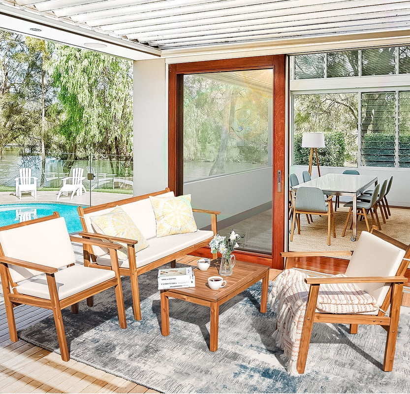4 Pc Acacia Patio Furniture Set with Cushion and Table L343