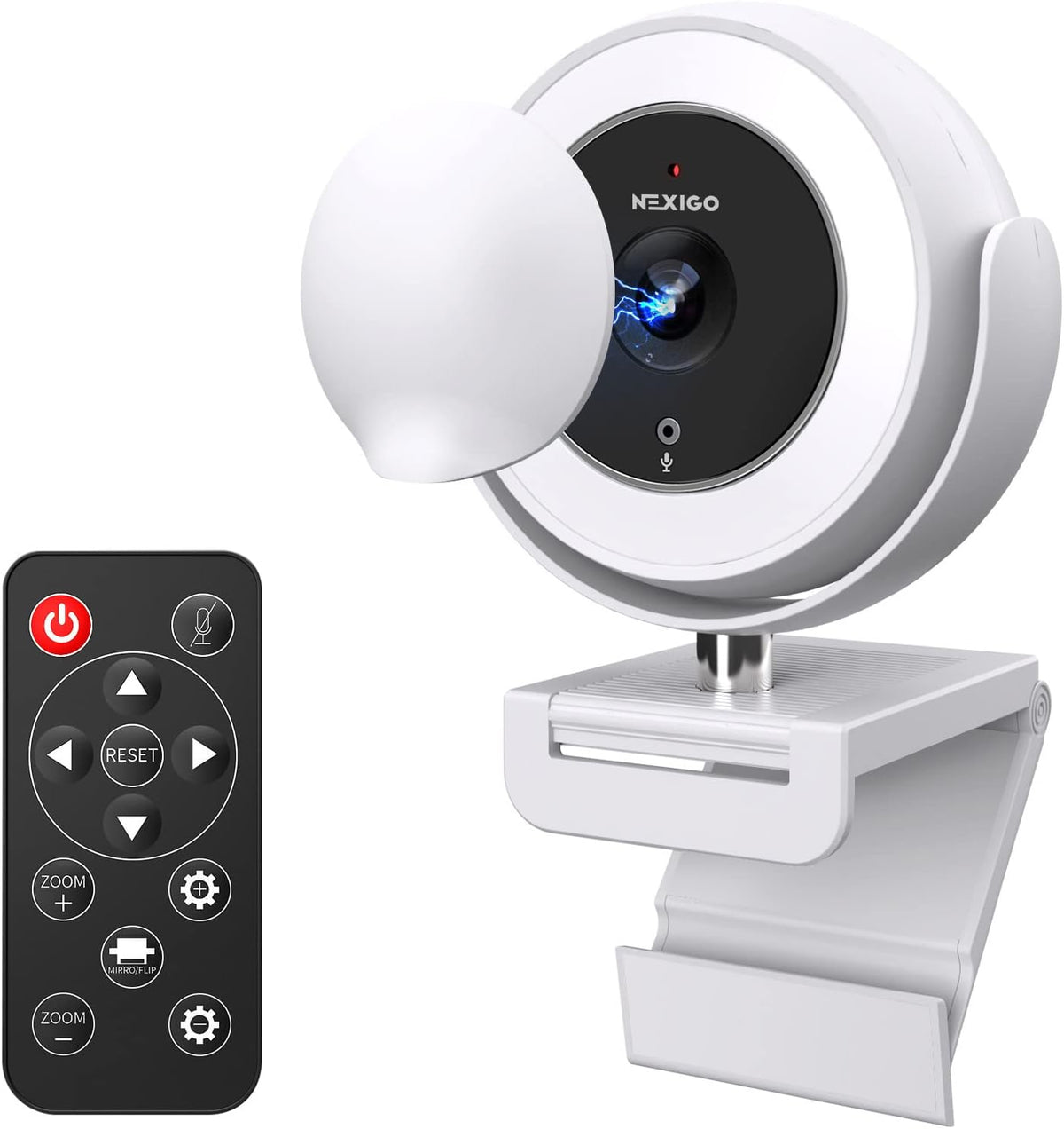 1080P Zoomable Webcam with Remote Control, Privacy Cover, White I184