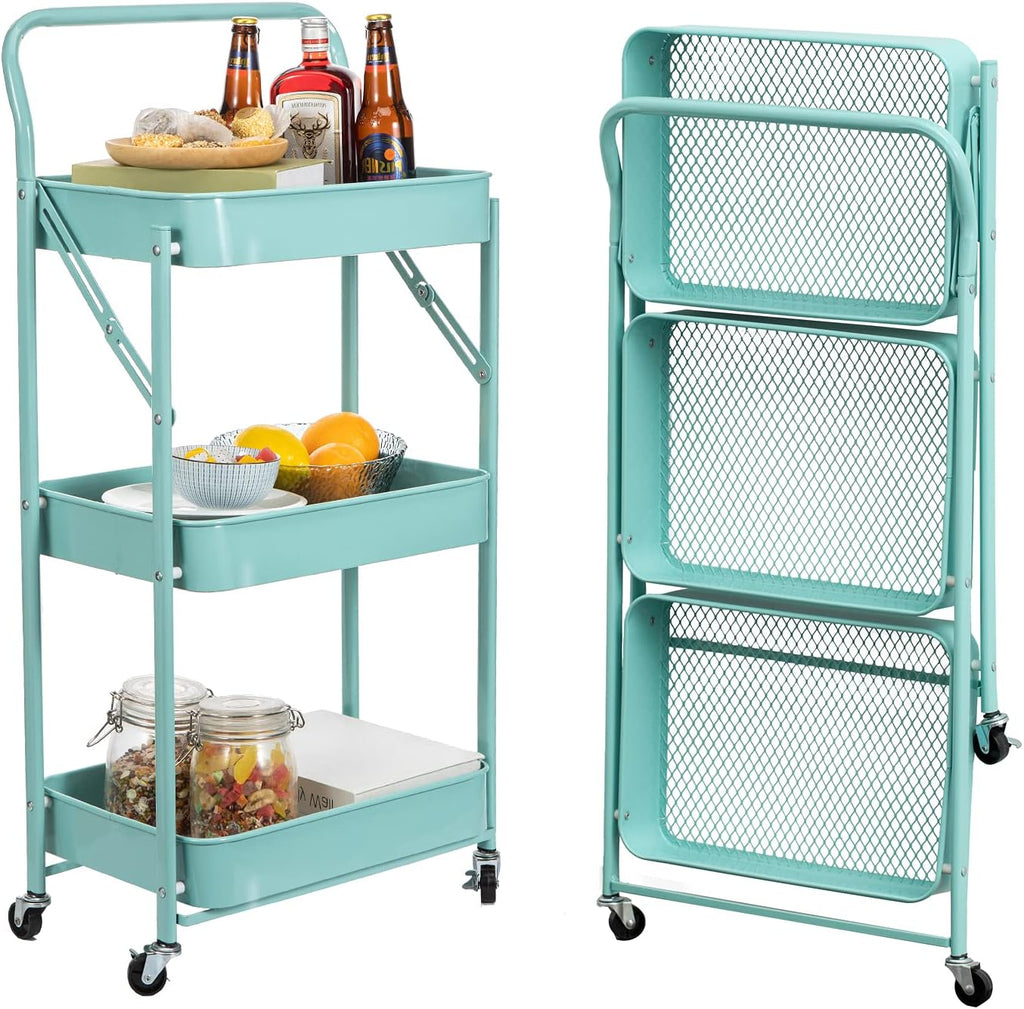 3-Tier Foldable Metal Rolling Cart with Wheels R4567