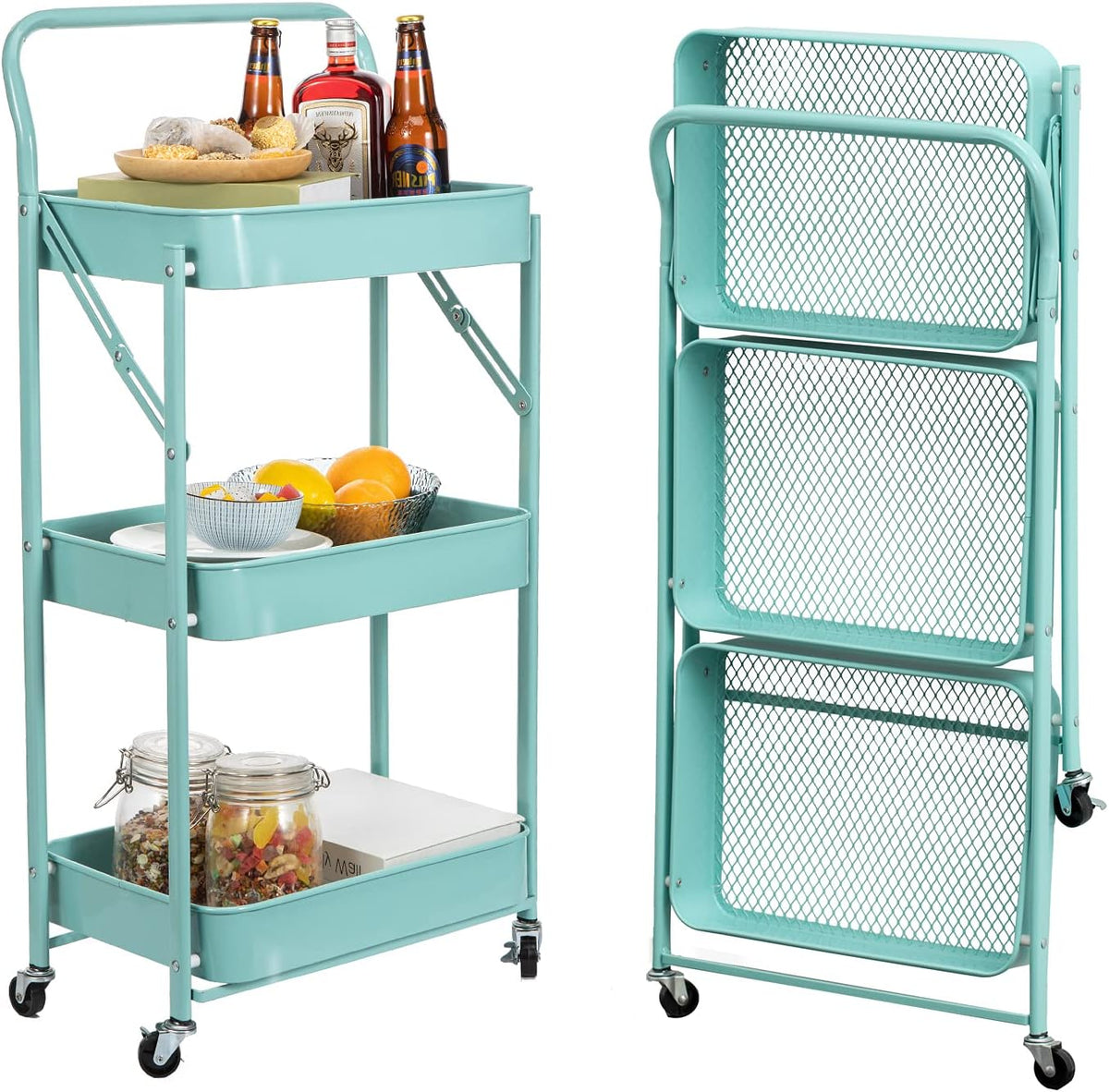 3-Tier Foldable Metal Rolling Cart with Wheels R4567