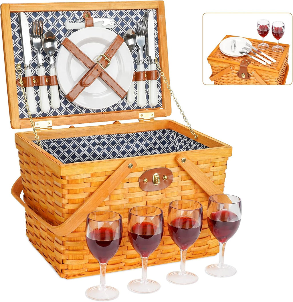 Picnic Basket Set for 4 Person Woodchip Basket with Handles N438894