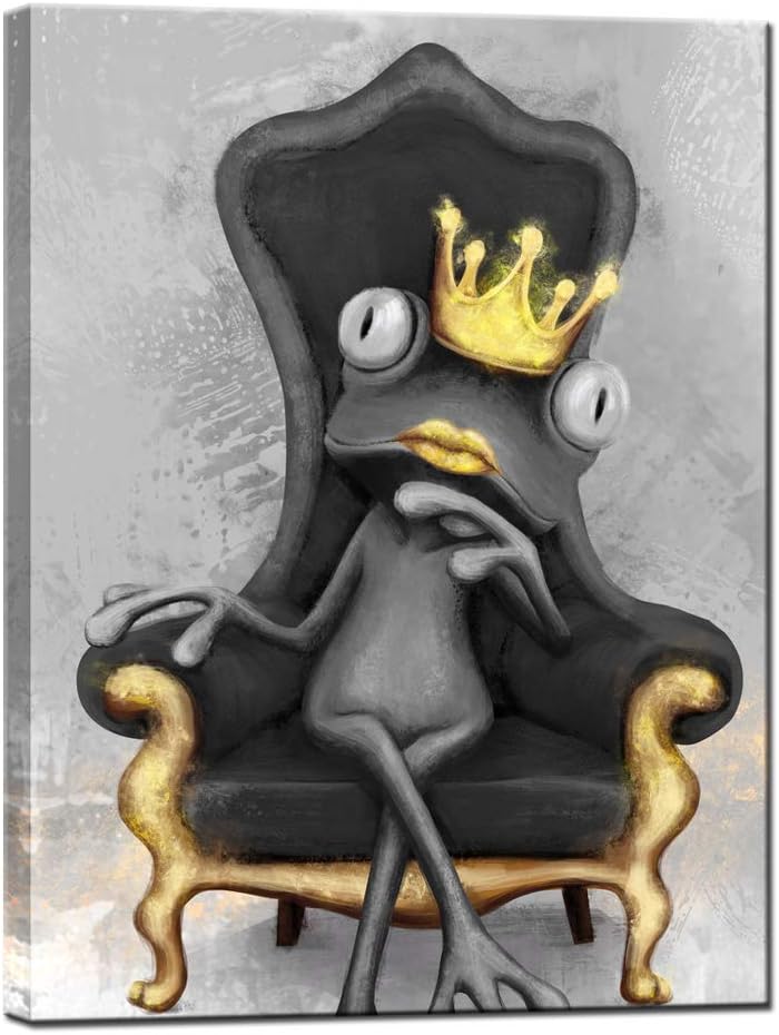 Funny Frog Canvas Wall Art with Crown Gold and Black D710013
