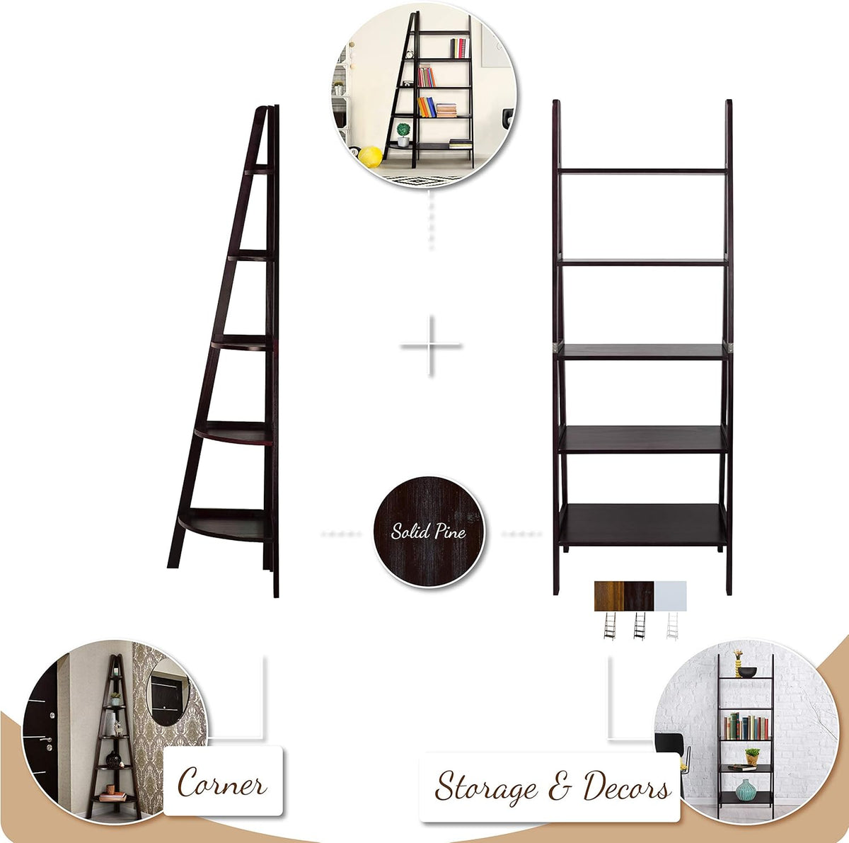 White 5-Shelf Corner Ladder Bookcase Q54632