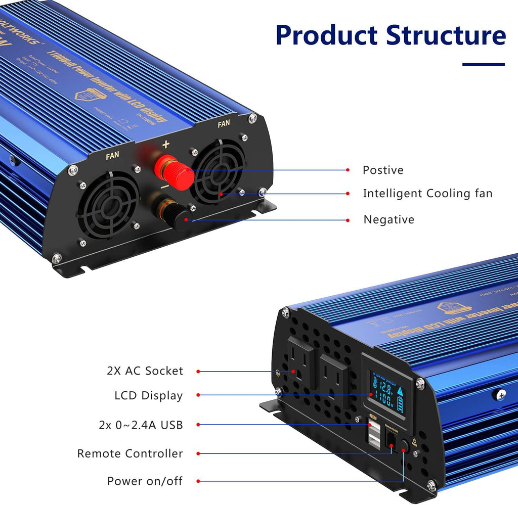 1100 watt Modified Sine Wave Power Inverter with LCD Display Remote Control 2AC Outlets Dual USB Ports R678