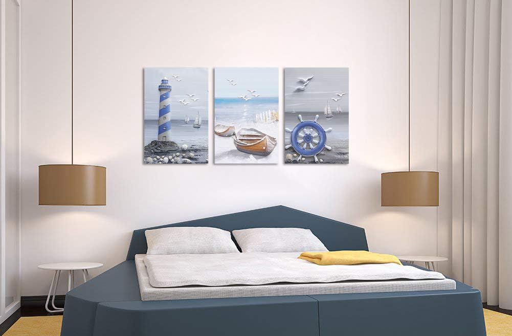 Coastal Beach Lighthouse Sailboat Painting 16x24x3 Panels E9560