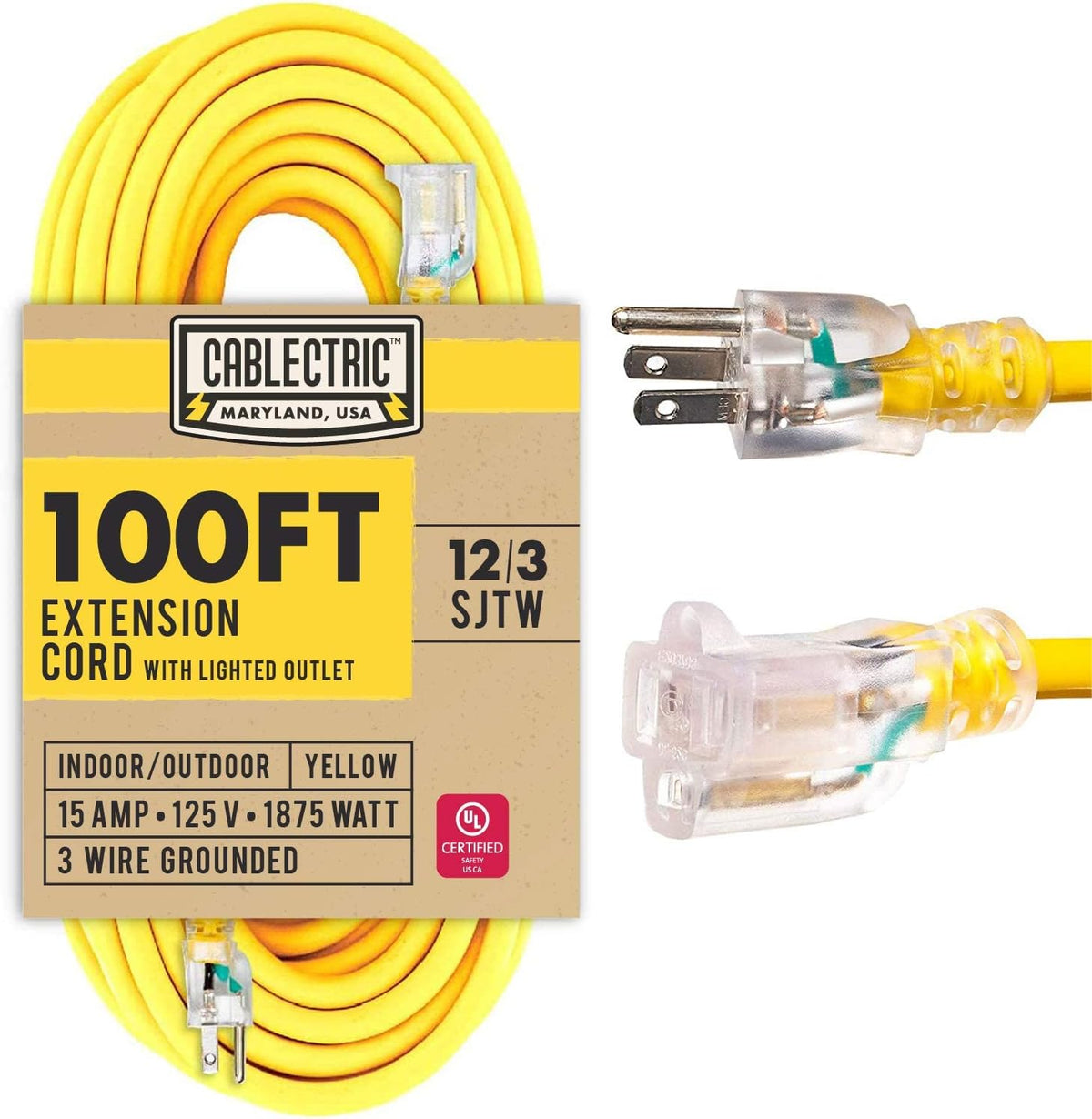 100 Ft 12 Gauge Heavy Duty Yellow Extension Cord S455