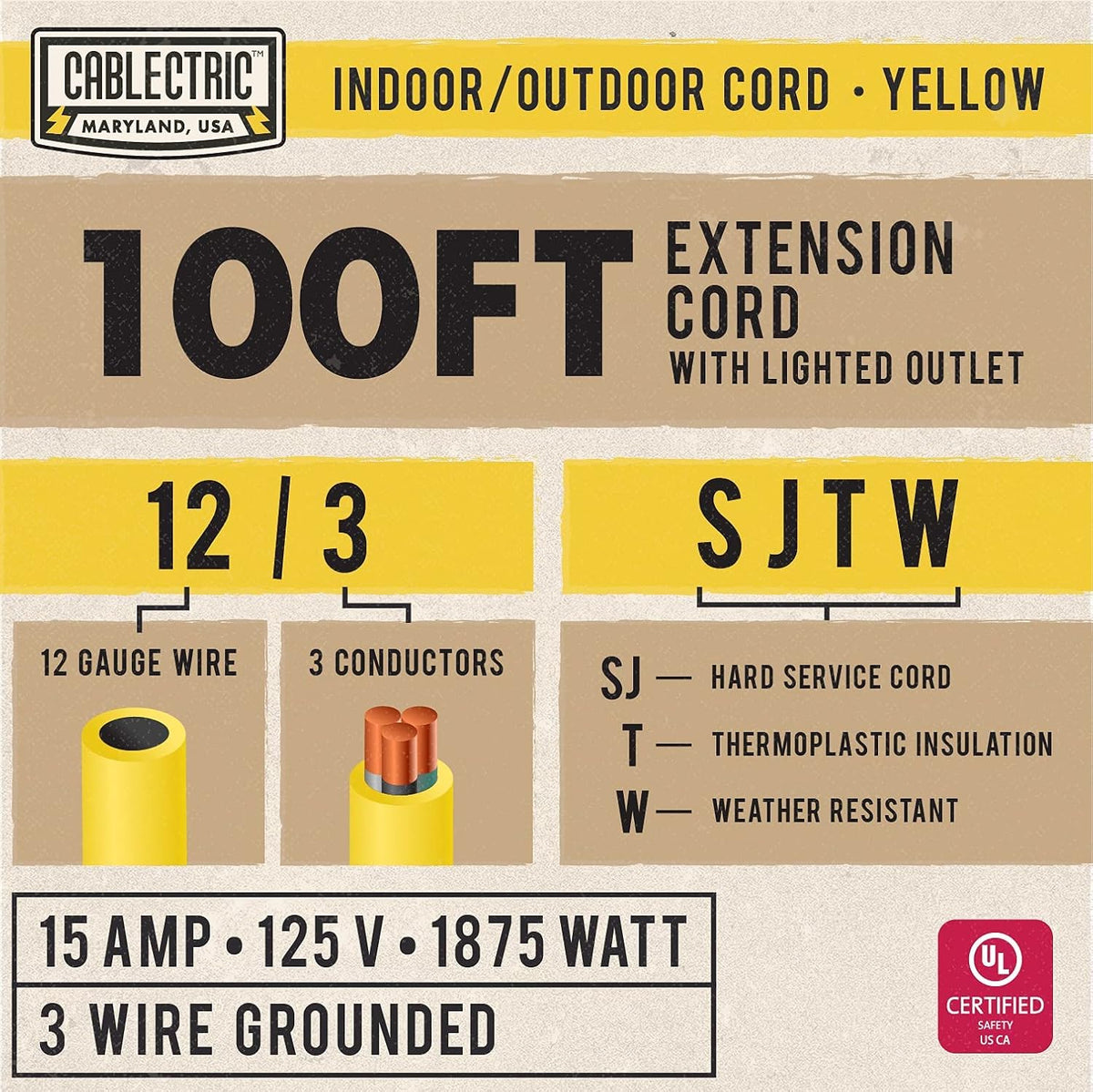 100 Ft 12 Gauge Heavy Duty Yellow Extension Cord S455