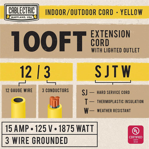 100 Ft 12 Gauge Heavy Duty Yellow Extension Cord S455