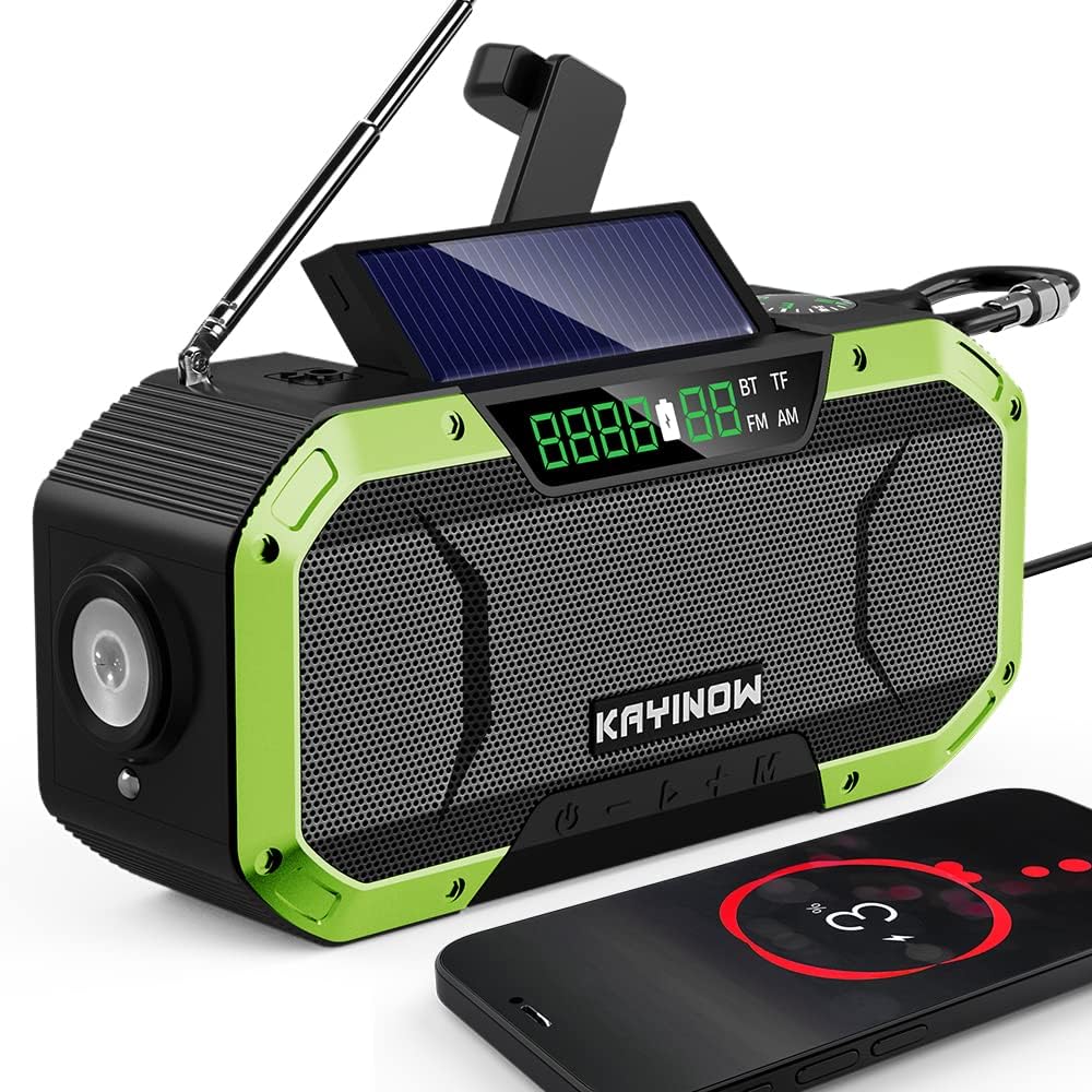 Emergency NOAA Weather Alert Radio with Bluetooth Speaker, IPX5 Waterproof Hand Crank Solar, 5000mAh Battery Backup AM FM, Flashlight, SOS, USB Phone Charger S95947