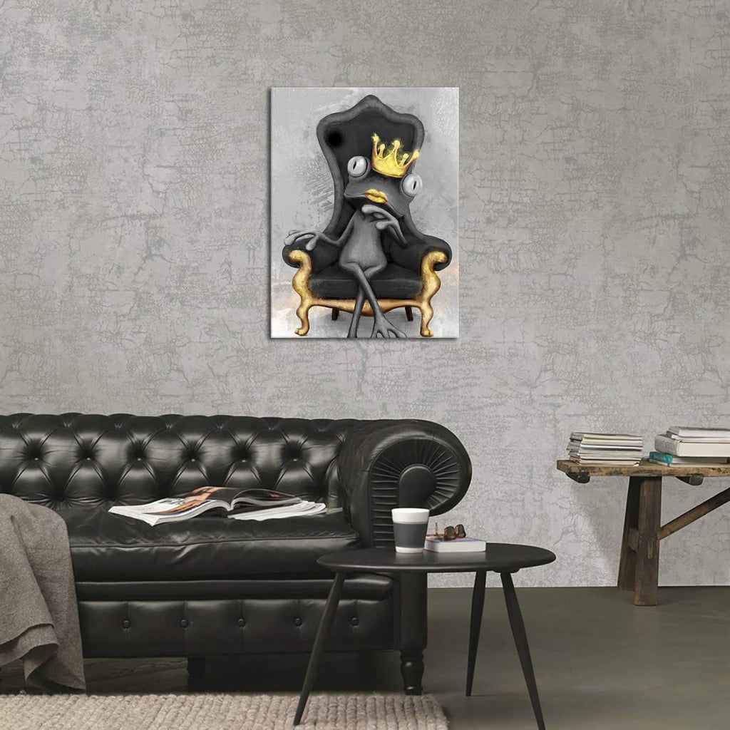 Funny Frog Canvas Wall Art with Crown Gold and Black D710013