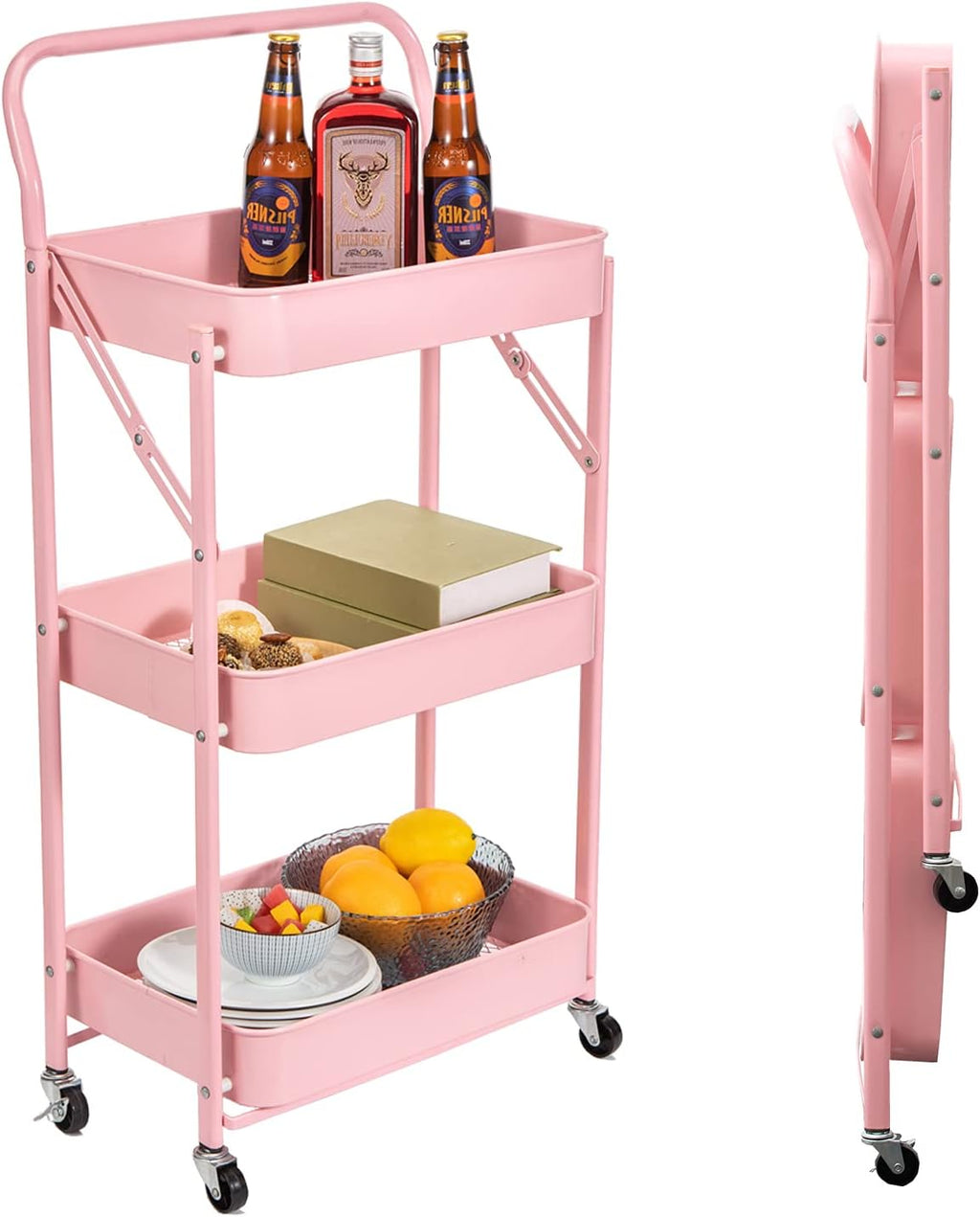 3-Tier Foldable Metal Rolling Cart with Wheels R4567