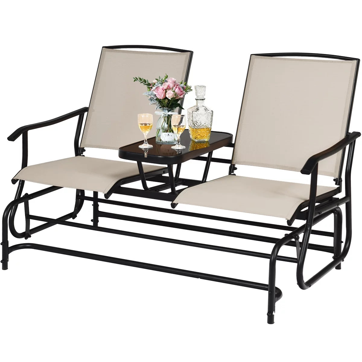 2 Person Steel Frame Patio Glider Loveseat with Center Table Q1656