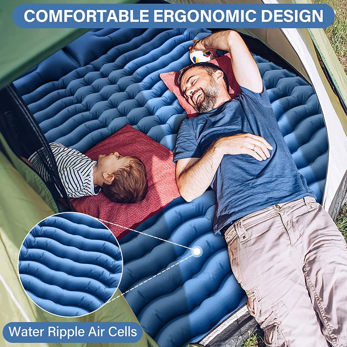 Double Camping Sleeping Pad 4 Extra-Thick 2 Person with Pillow Inflatable Mat A576