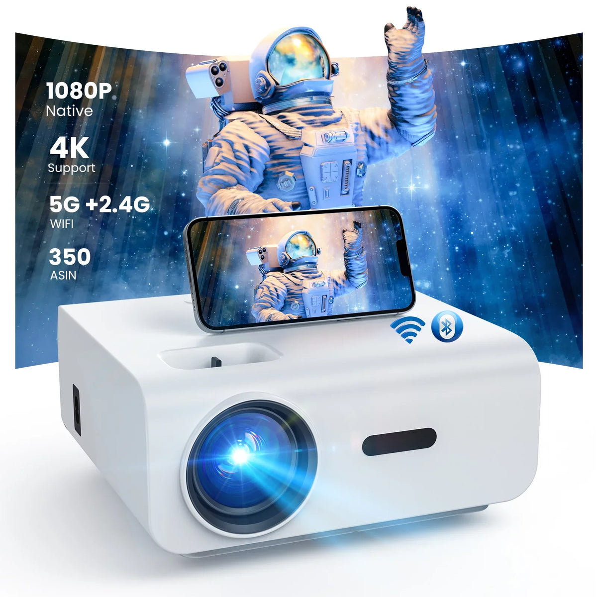 5G WiFi Bluetooth 1080P Projector with 100 Projector Screen T354183