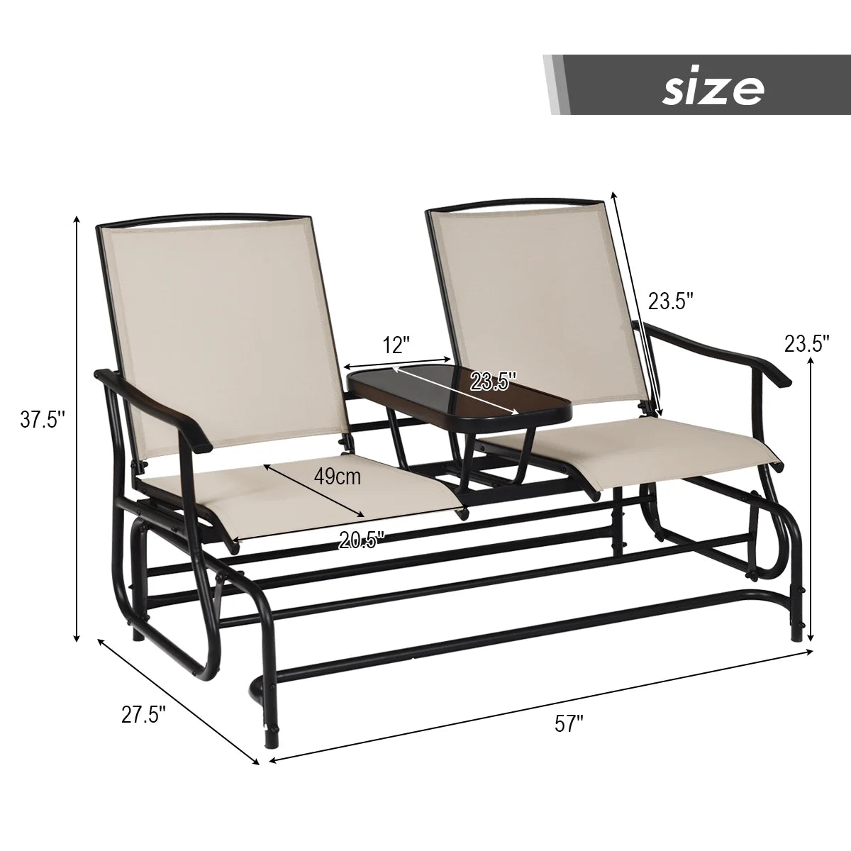 2 Person Steel Frame Patio Glider Loveseat with Center Table Q1656