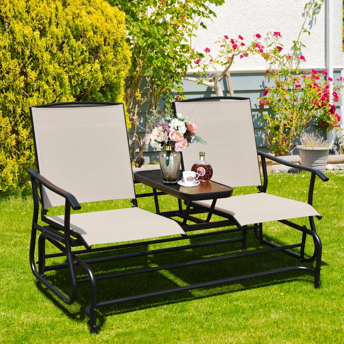 2 Person Steel Frame Patio Glider Loveseat with Center Table Q1656