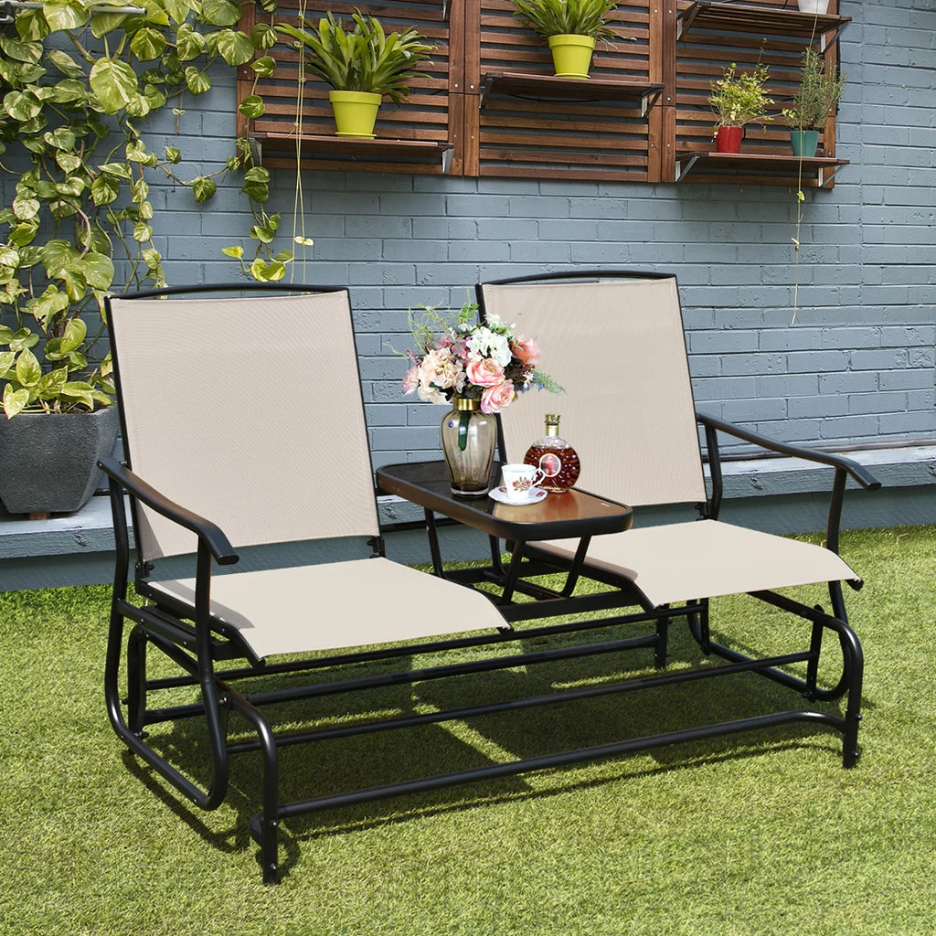 2 Person Steel Frame Patio Glider Loveseat with Center Table Q1656