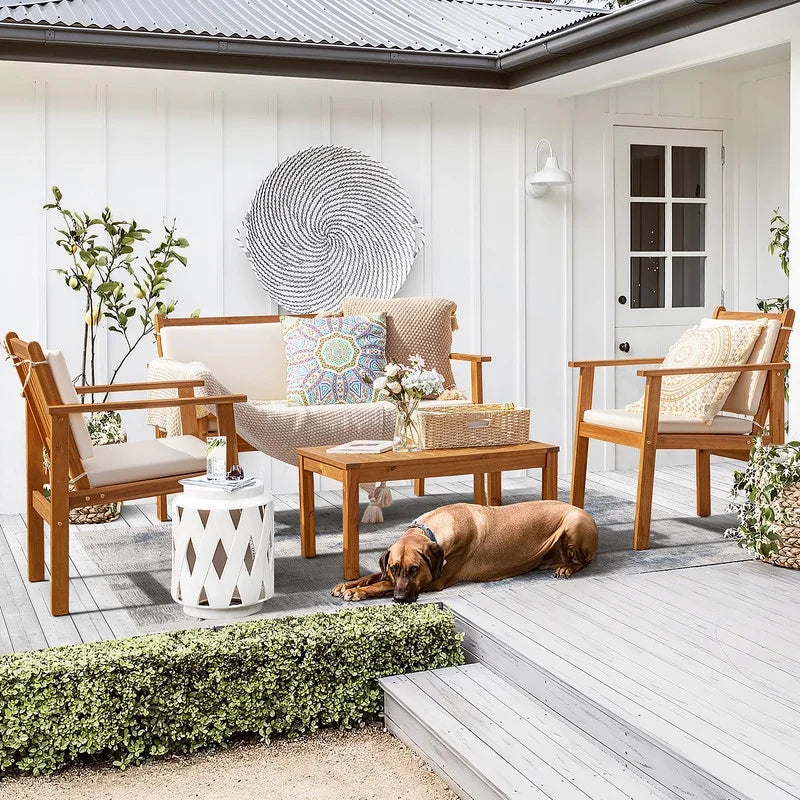 4 Pc Acacia Patio Furniture Set with Cushion and Table L343