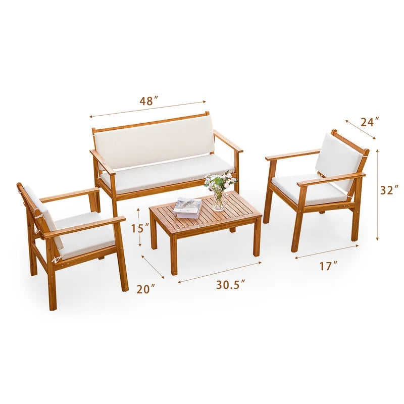 4 Pc Acacia Patio Furniture Set with Cushion and Table L343