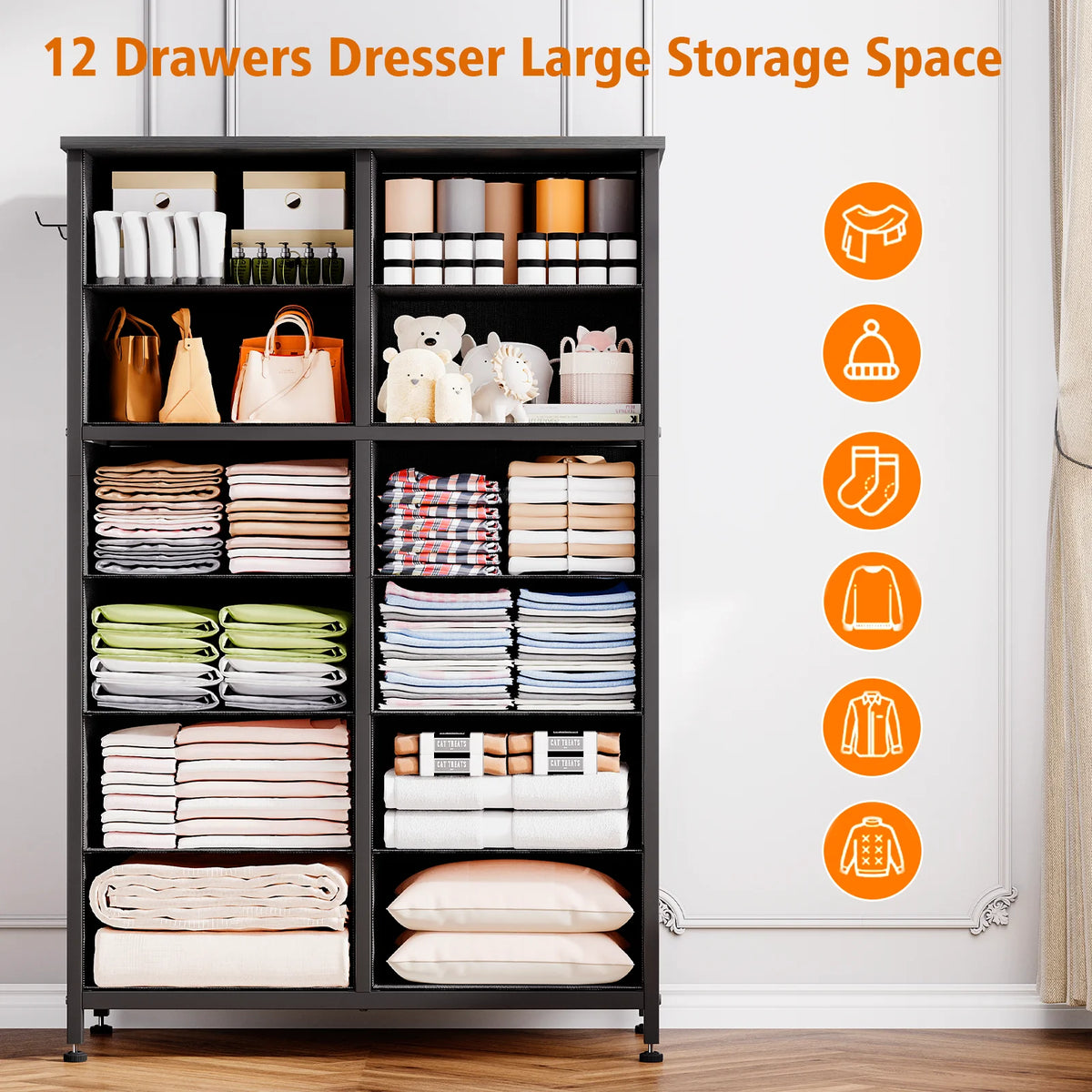 12 Drawer Fabric Dresser with Steel Frame and Wooden Top P803729