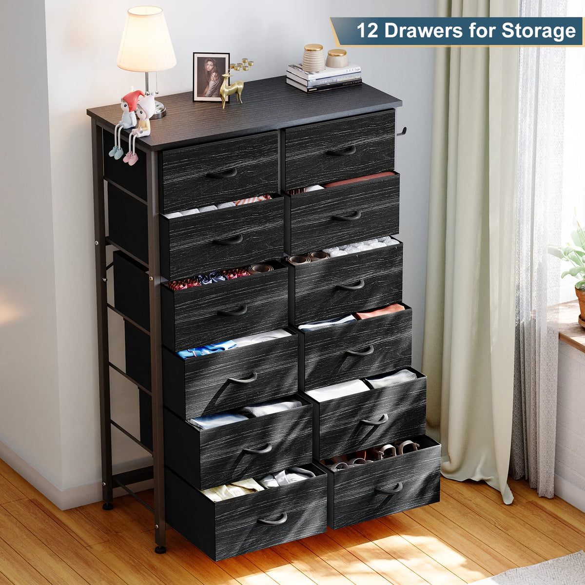 12 Drawer Fabric Dresser with Steel Frame and Wooden Top P803729